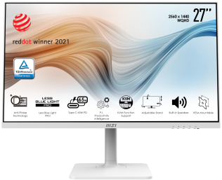 MSI Монитор LCD Modern MD272QPW 27'' 16:9 2560х1440(WQHD) IPS, nonGLARE, 75 Hz, 250 cd/m2, H178°/V178°, 1000:1, 16.7M, 4ms, HDMI, DP, Height adj, Pivot, Tilt, Speakers, 1Y, White