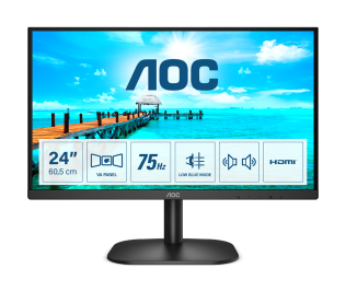 AOC Монитор LCD 23.8'' [16:9] 1920х1080(FHD) VA, nonGLARE, 75 Hz, 250 cd/m2, H178°/V178°, 3000:1, 20М:1, 16.7M, 4ms, VGA, DVI, HDMI, Tilt, Speakers, 3Y, Black
